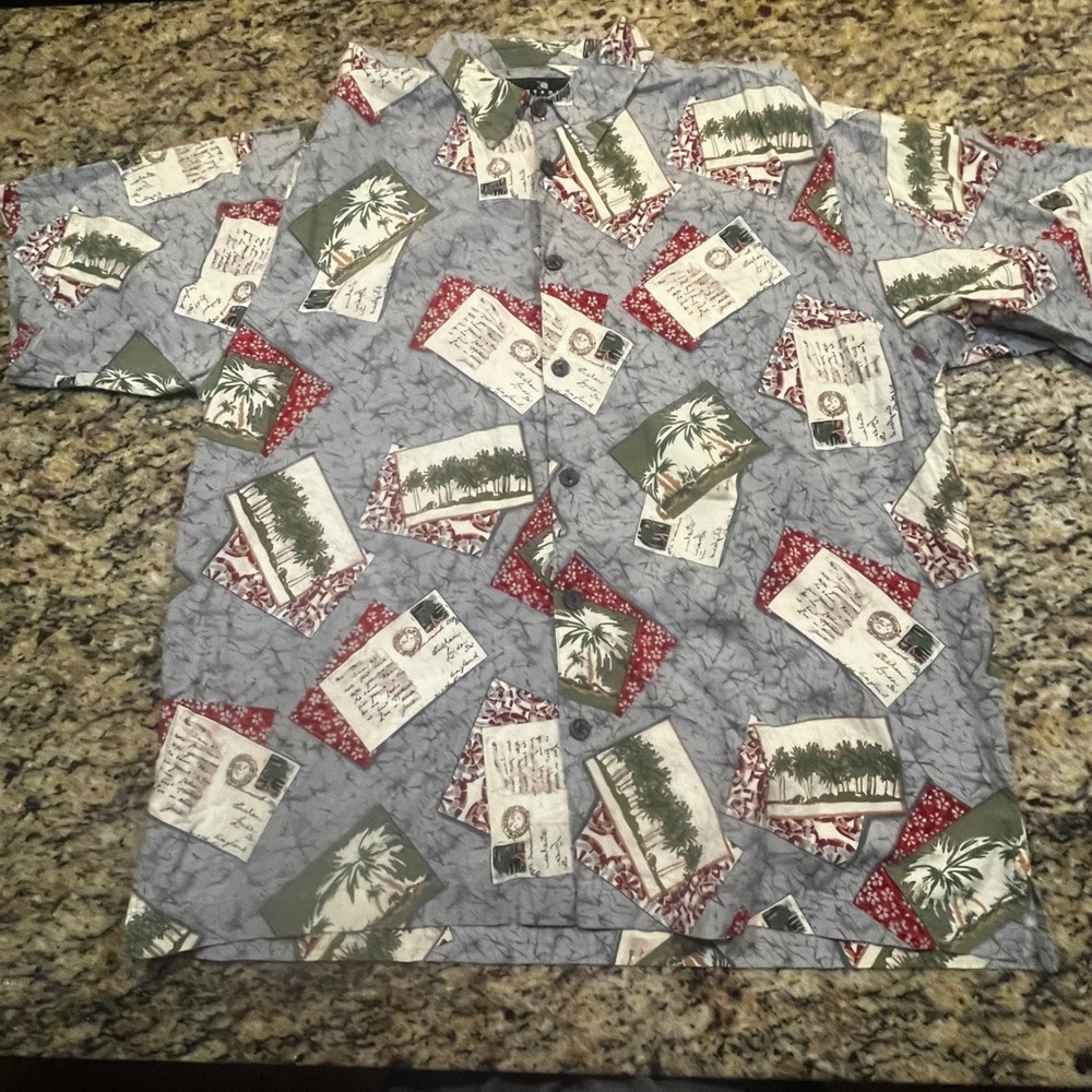 Consensus Sportswear Mens XL Tropical Postcard Print Shirt Cotton Rayon Grey XL
